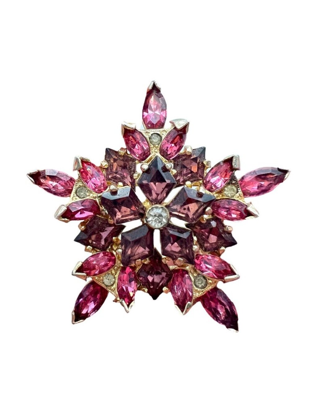 Early 40s Eisenberg Script "E" SIGNED Pink Purple Layered Star Snowflake Brooch